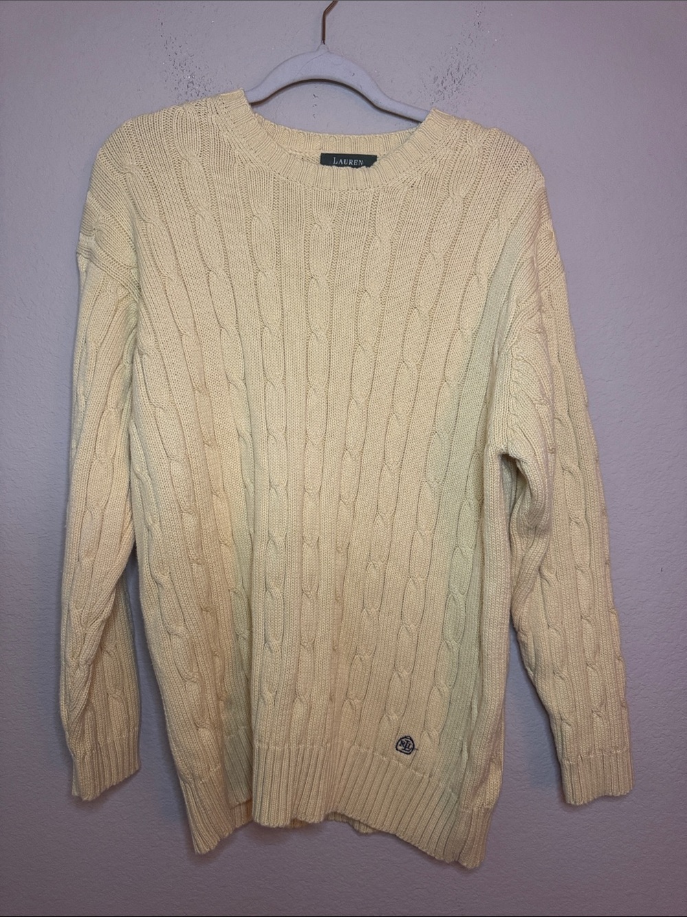 Lauren Ralph Lauren Butter Yellow Cable-Knit Crewneck Sweater Size Large Cotton
